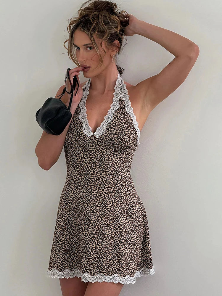 Patchwork Sexy Backless Print Leopard Lace Dress