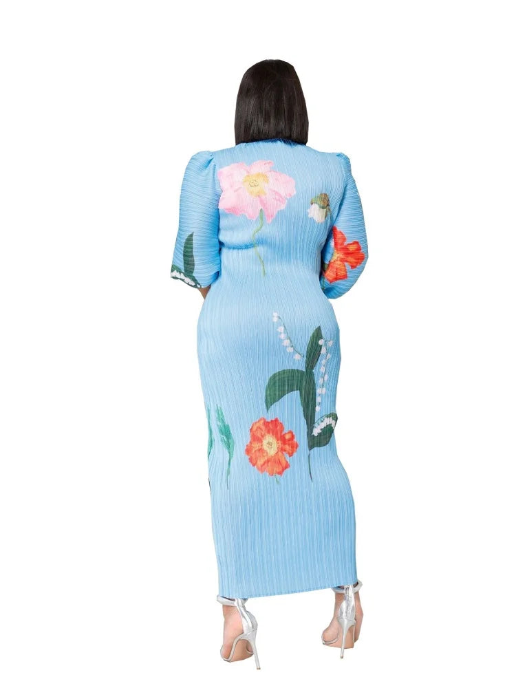 High Grade Lantern Sleeve Pleated Flower Print Round Neck Maxi Dress