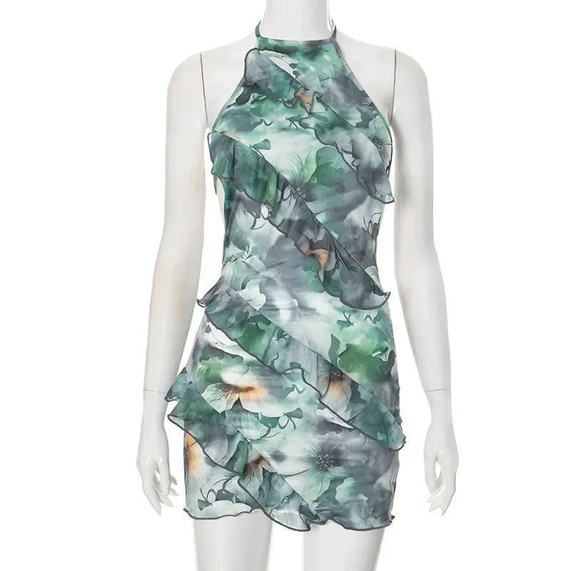 Halter Printed Ruffles Above Knee Length Dresses