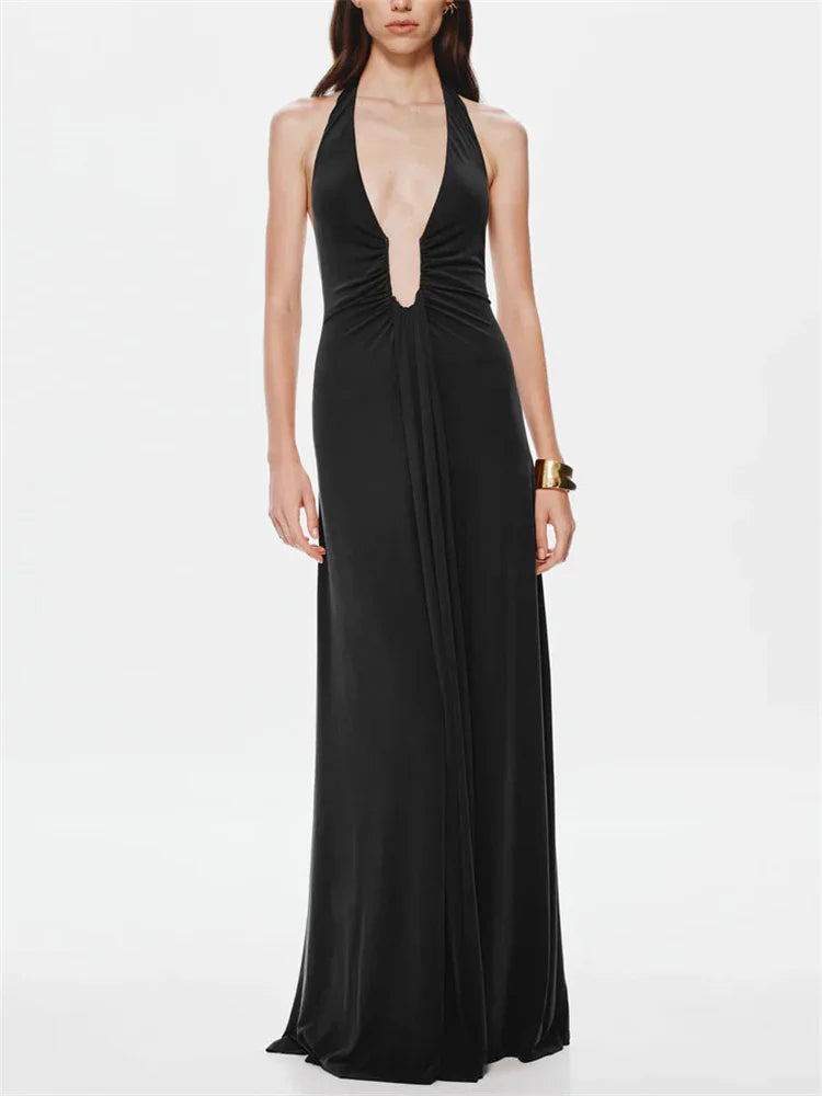 Summer Fashion V-Neck High Waist Backless Slim Pleated Solid Elegant Party Dress