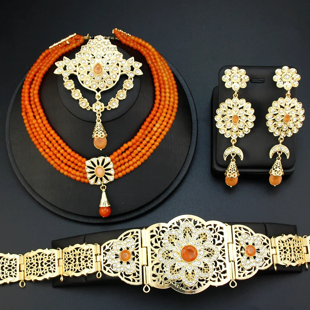 Gold Color Caftan Waist Chain Belt Orange Bead Choker Necklace Drop Earring Brooch
