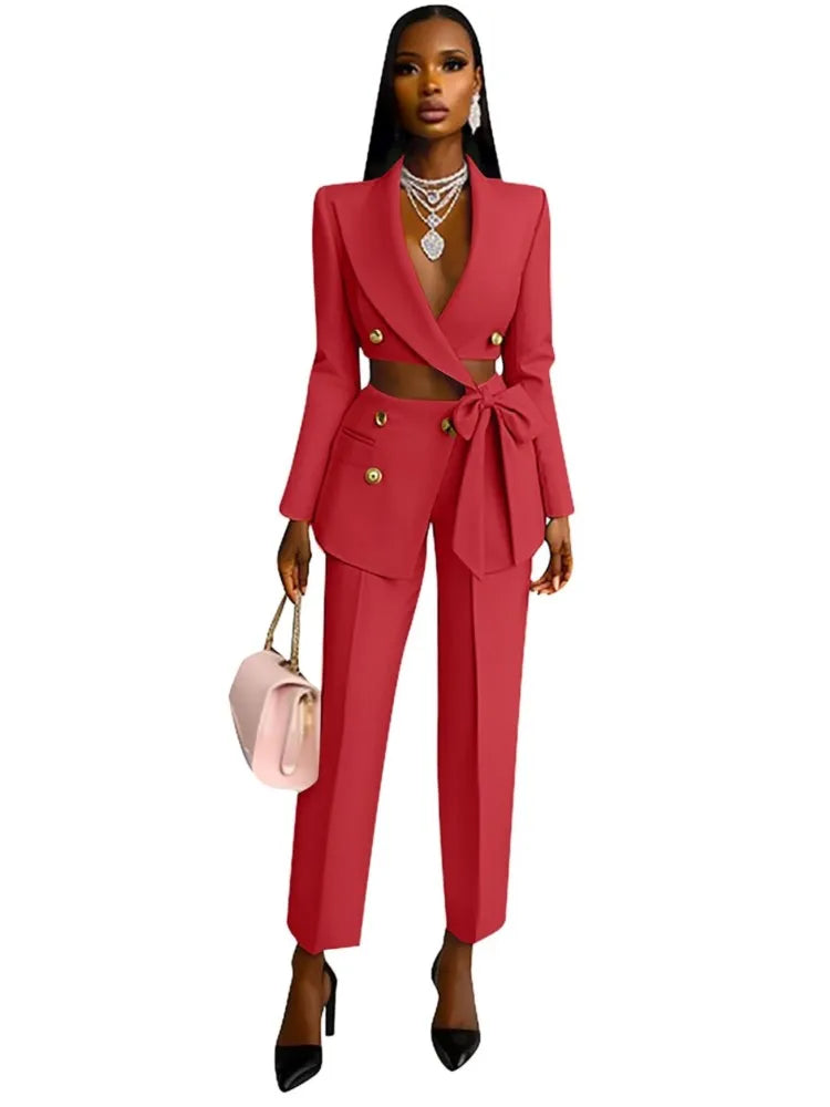 Sexy Waist Cut-Out Blazer &amp; Pants 2‑Piece Set