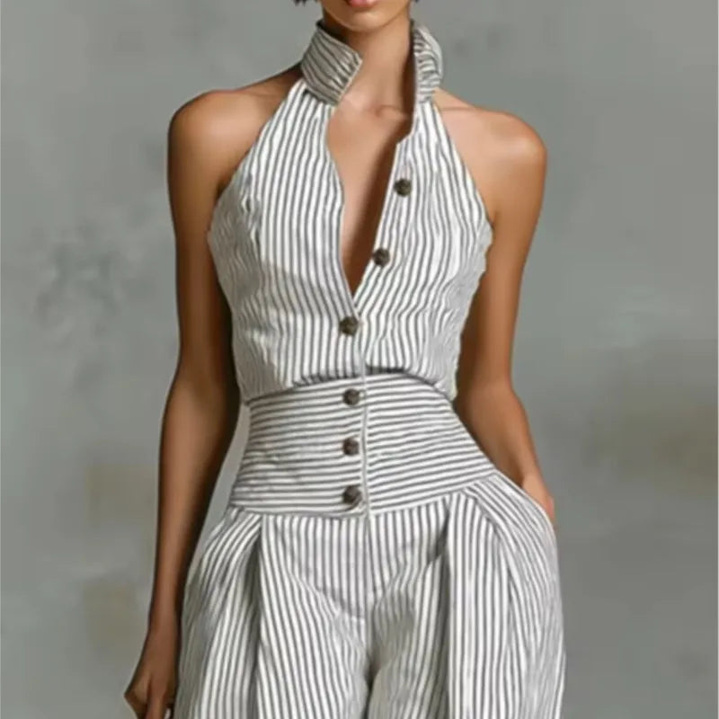 Fashion Stripe Print Button Down Jumpsuit