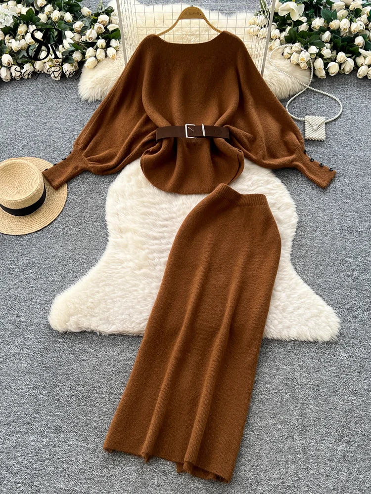 Autumn Batwing Sleeve Tops+High Waist Long Skirt
