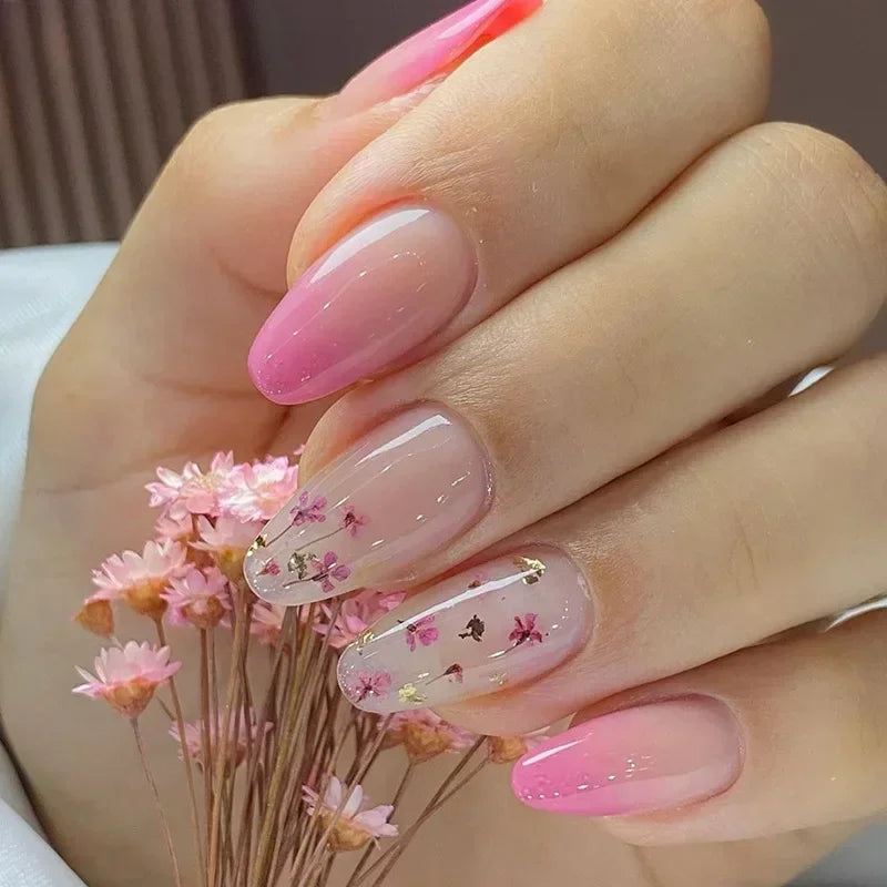 24Pcs Simple Almond Fake Nails with Green Leaves Design