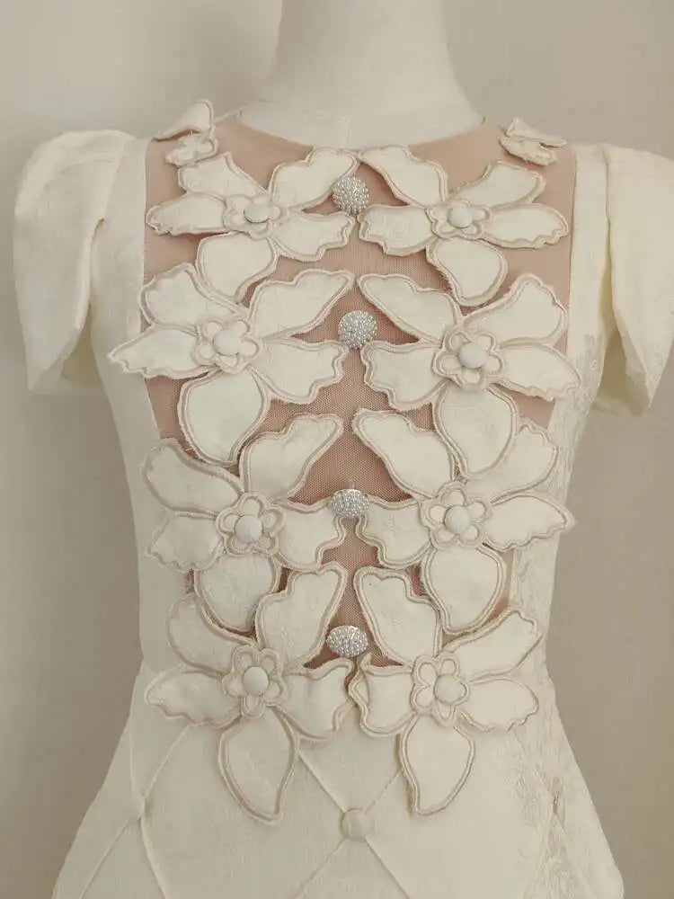 O Neck Short Sleeve Spliced Three-dimensional Jacquard Slim Elegant Dresses