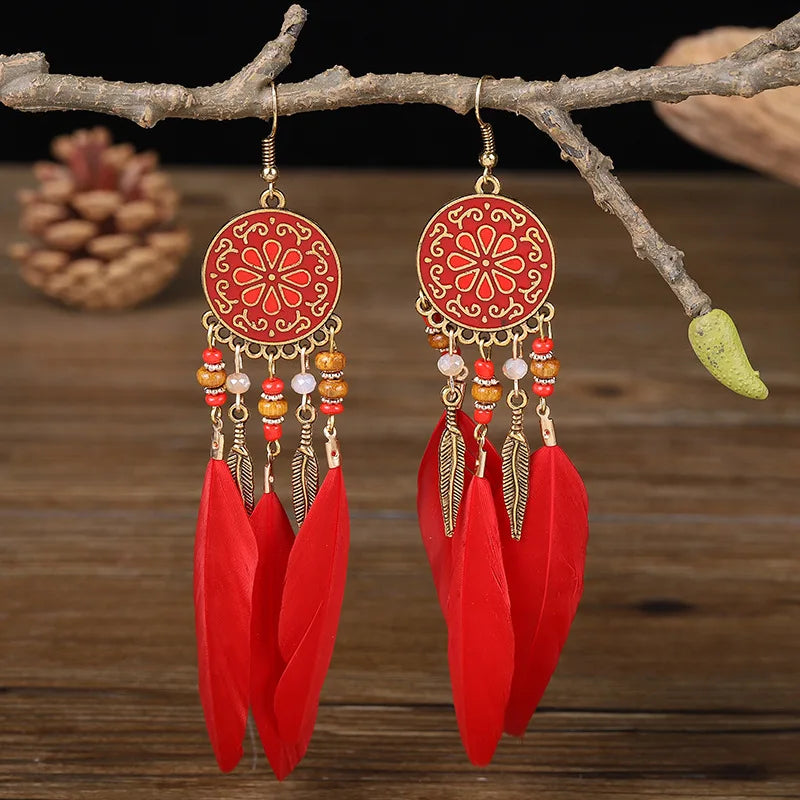 Boho Long Feather Dangle Earrings – Handmade Tassel & Enamel Flower Statement Jewelry for Women
