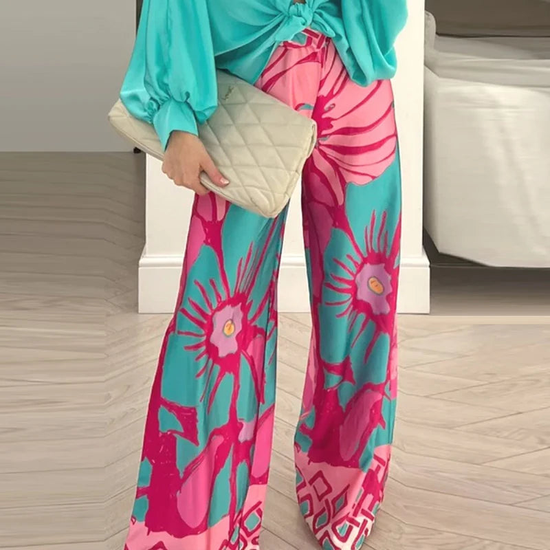 All Season Loose Casual Mid Waist Print Long Pants