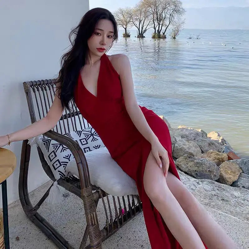 Women Sleeveless Chest Wrap Maxi Dress Split Deep Sexy V Neck Party Elegant Red Evening Dresses Summer Female Fashion Mini Robe