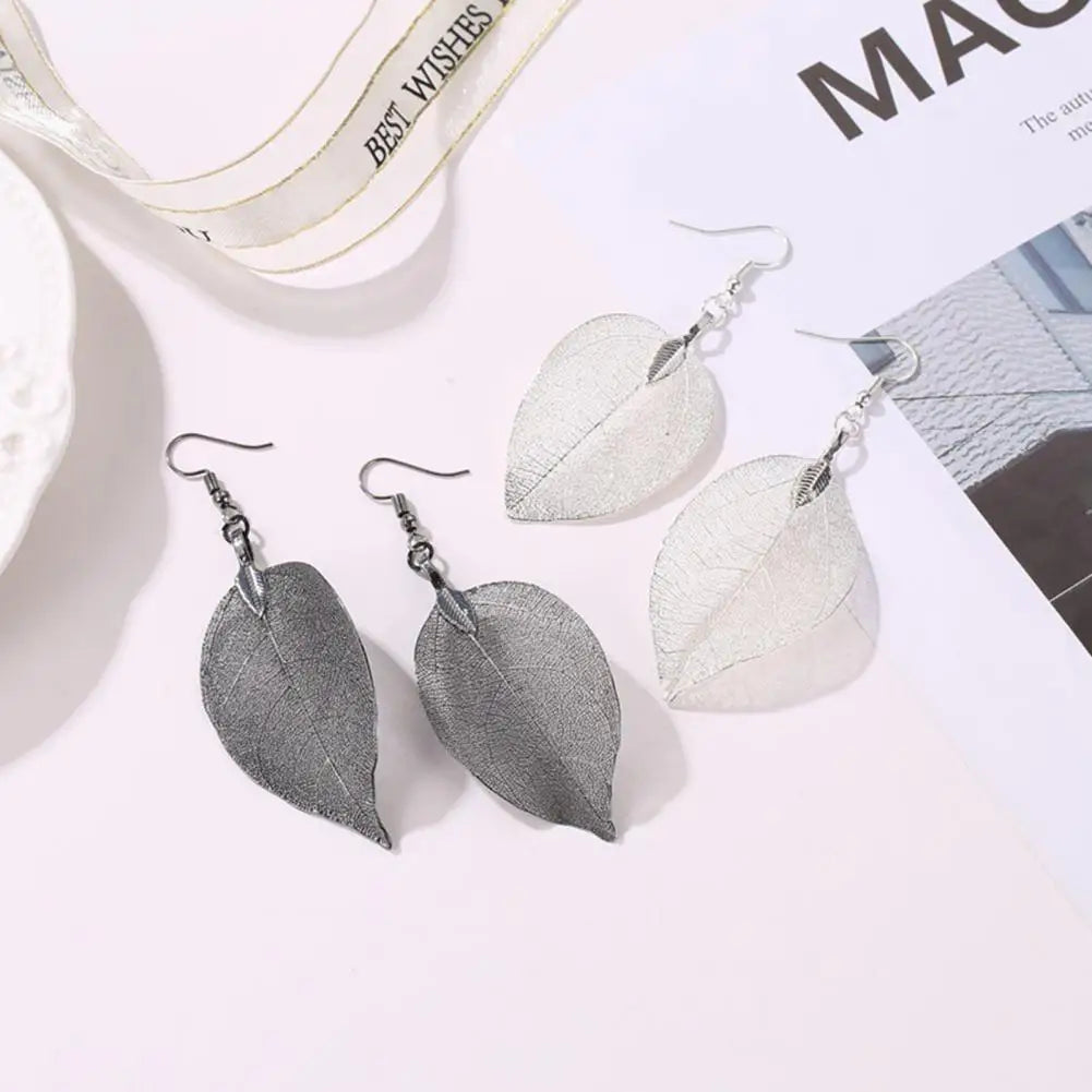 Stainless Tree Leaf Shape Hollow Out Elegant Dangle Earrings