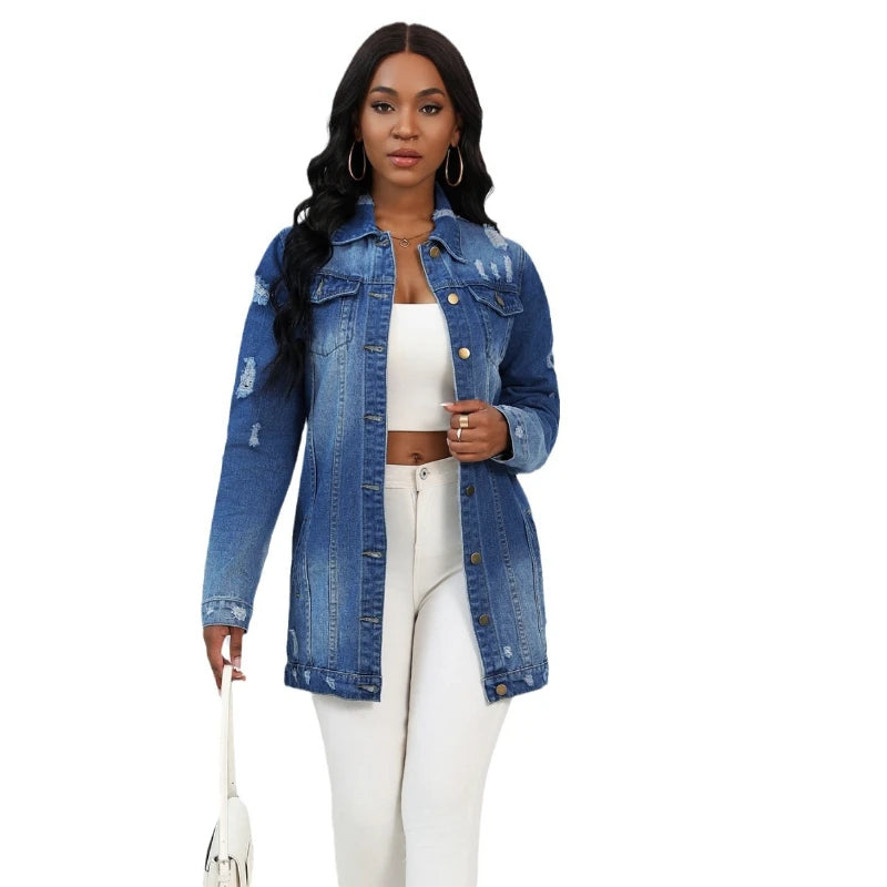 Women’s Mid-Length Denim Coat – Y2K Streetwear, Turn-Down Collar, Single-Breasted Casual Jacket