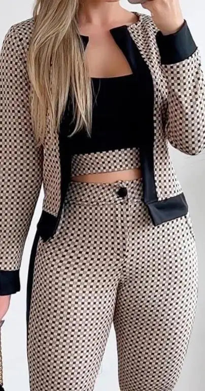 Spring Fashion Plaid Print Contrast Paneled Open Front Long Sleeve Coat & Elegant Skinny Pants Set
