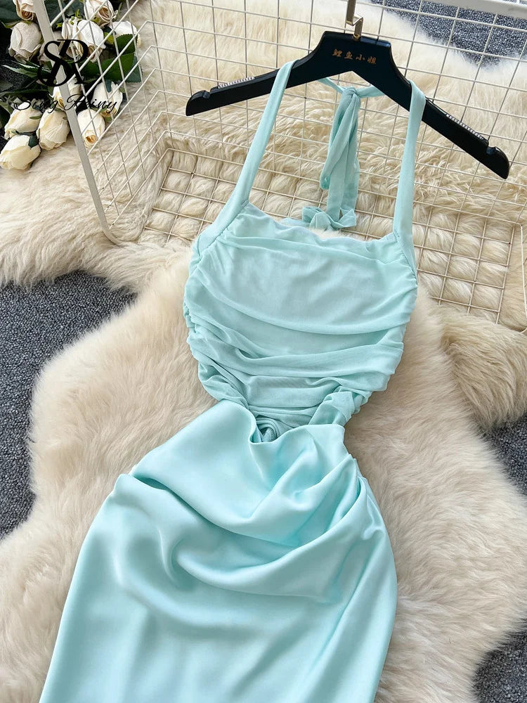 Mesh Satin Bodycon Splice Lace Up Backless Slim Hollow Out Halter  Long Dress