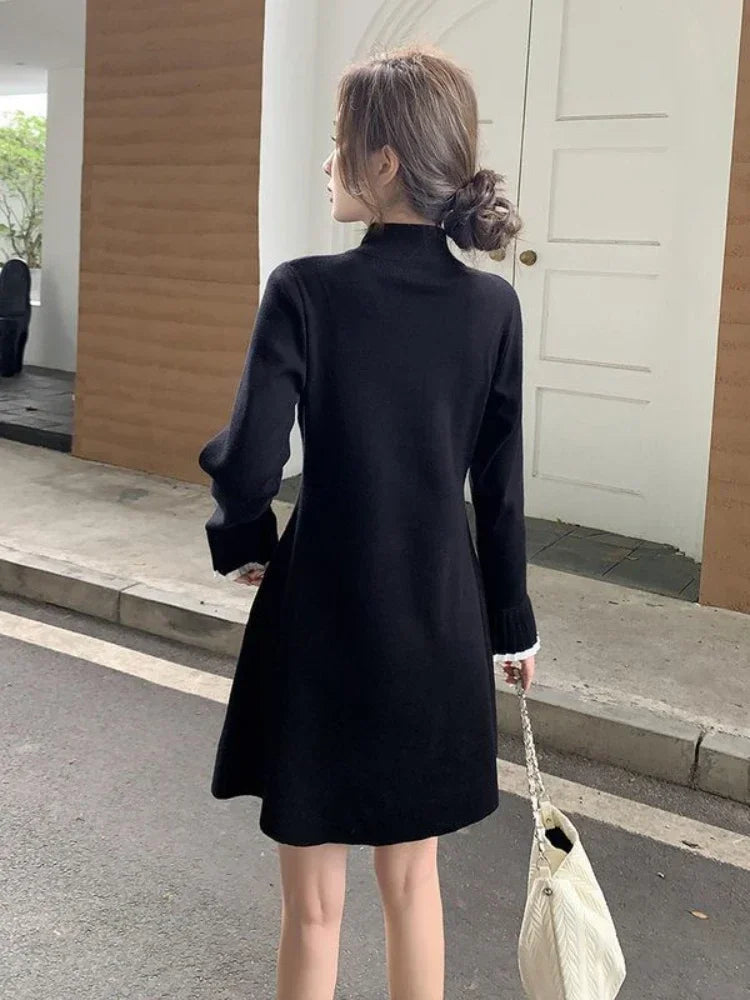 Spring Autumn 2025 Pleated  Extreme Mini Black Short  Knit Dress