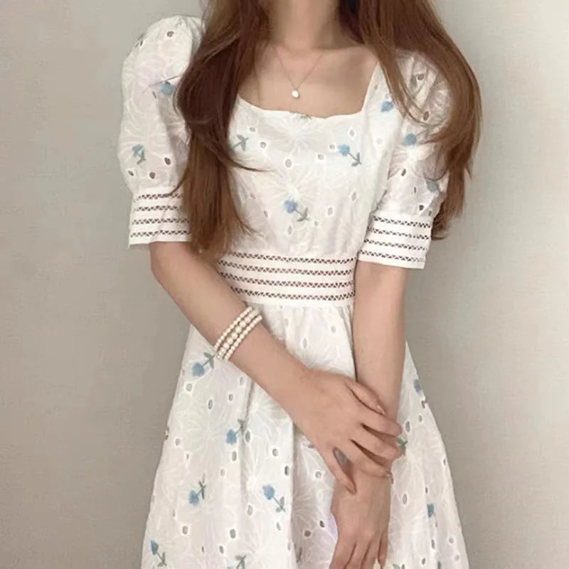 Embroidery Square Neck Hollow A-line Dress