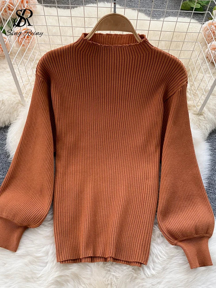 Fashion Lantern Sleeve Sheath Knitted Top+Elastic Loose Long Skirt Two Pieces Sets