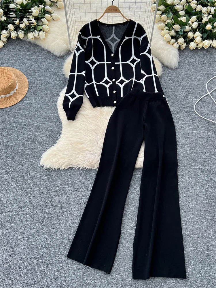 Autumn Winter Single Breasted Cardigan+Wide Leg Long Pants