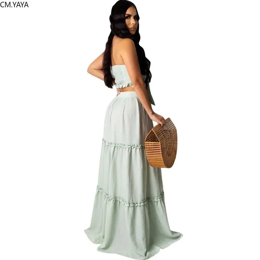 Solid Beach Bohemian Bow Strapless Crop Top Cascanding Ruffles Long Skirt