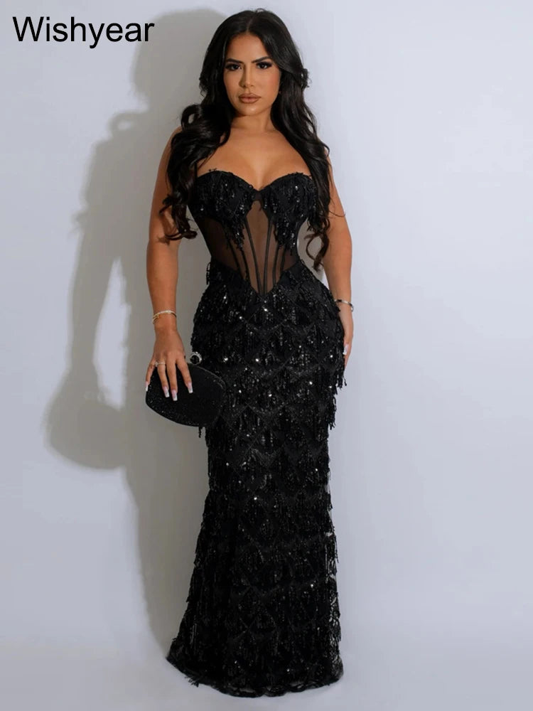 Sequined Spaghetti Strap Mesh Patchwork Bodycon Dress
