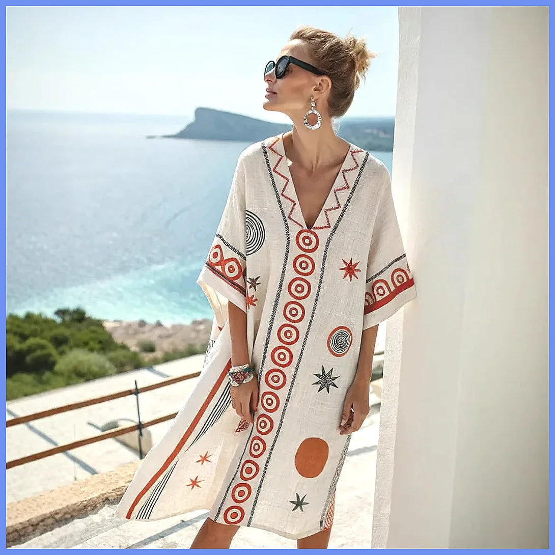2025 Summer V-Neck Floral Print Loose Beach Dress