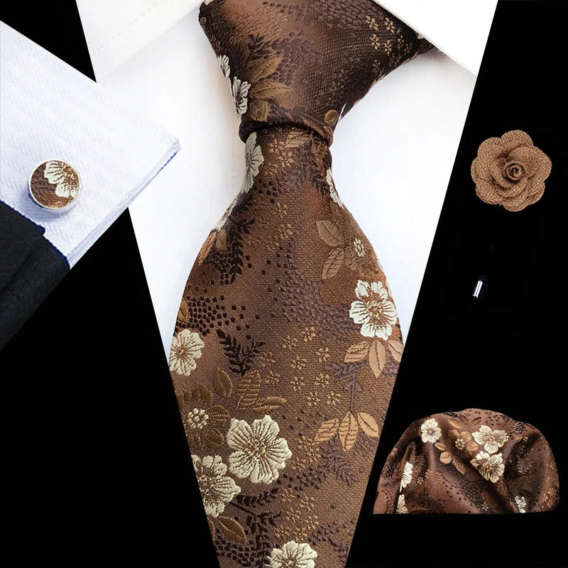 Floral  Neck Tie Set Handkerchief Brooch Cufflinks Men Accessories