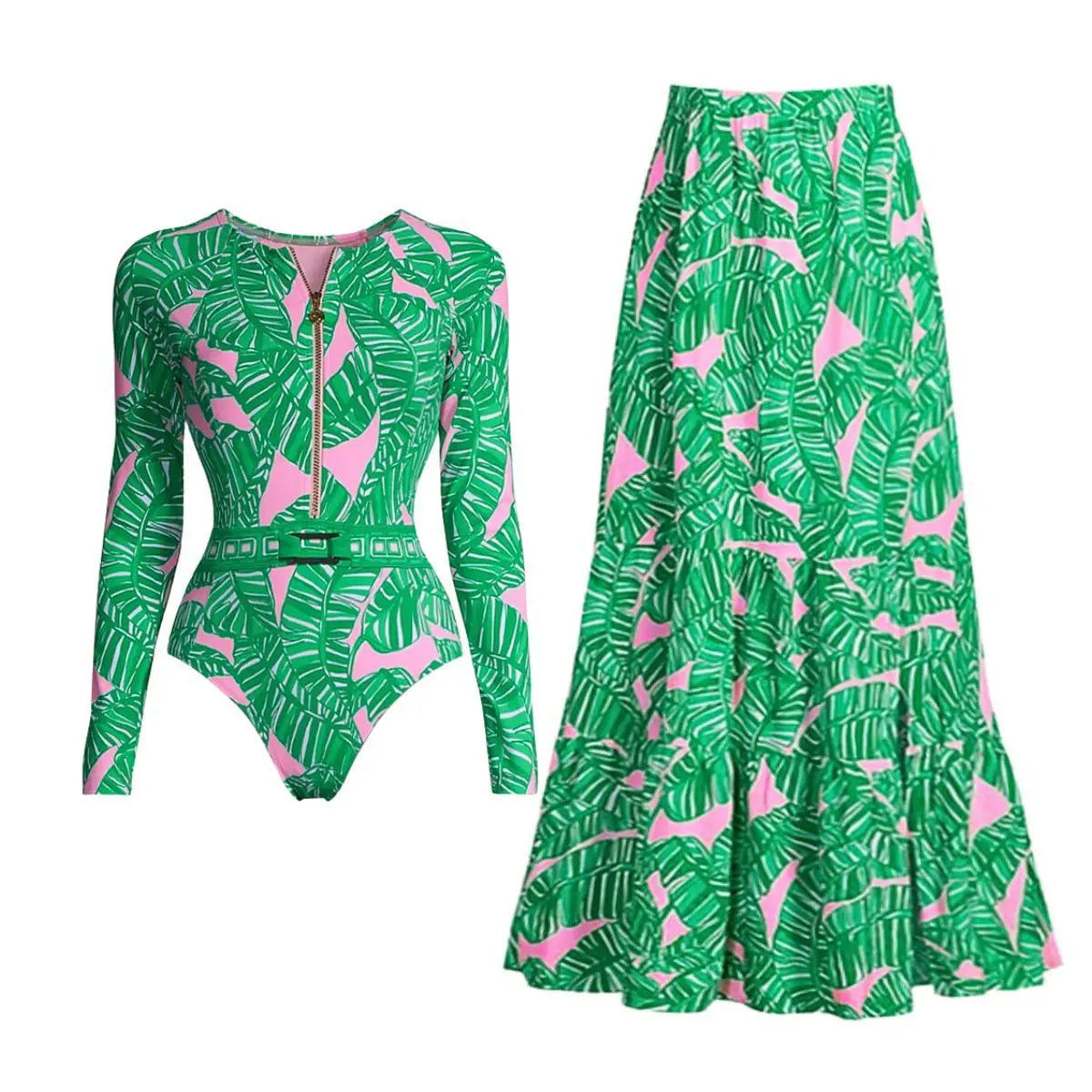 Sexy One Piece Long Sleeve Swimwear And Skirt