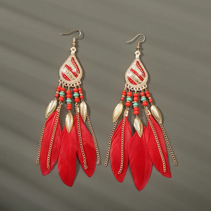 Boho Long Feather Dangle Earrings – Handmade Tassel & Enamel Flower Statement Jewelry for Women