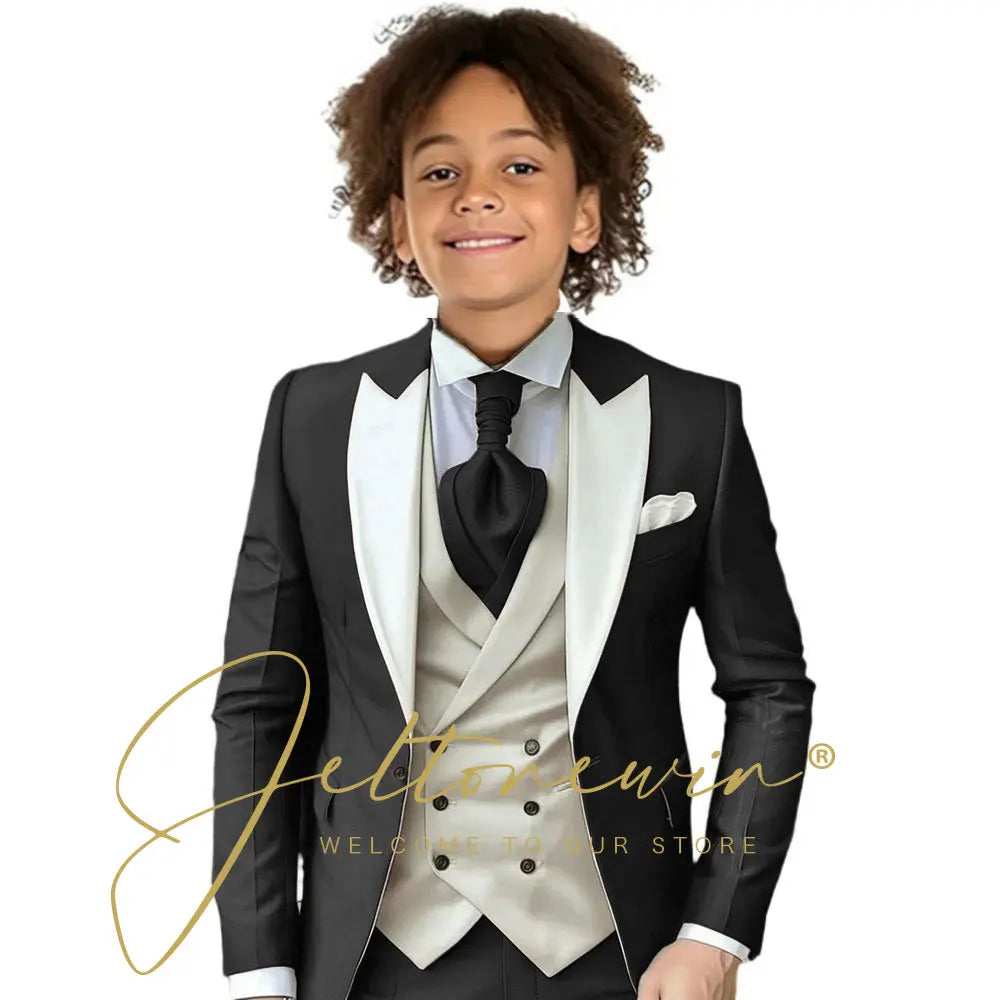 Kids Formal Wedding Suit – Jacket, Pants & Ivory Vest Tuxedo Set