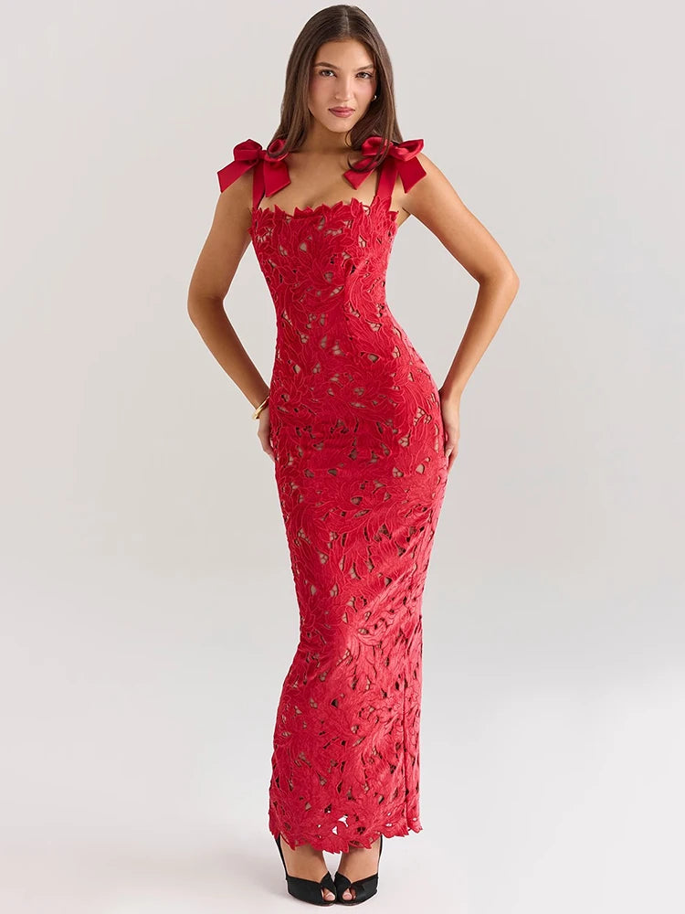 Bows Lace  Sleeveless Backless Bodycon Sexy Maxi Dress