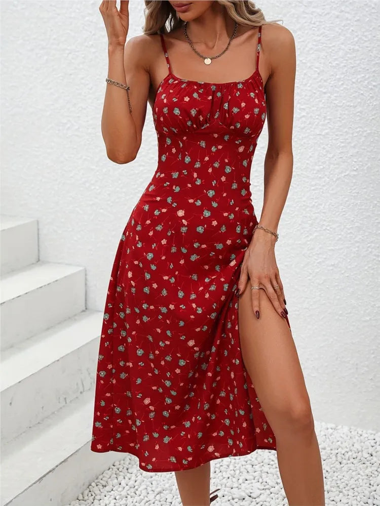 Summer Sexy Spaghetti Straps Polka Dot Print Sleeveless Slit Dress