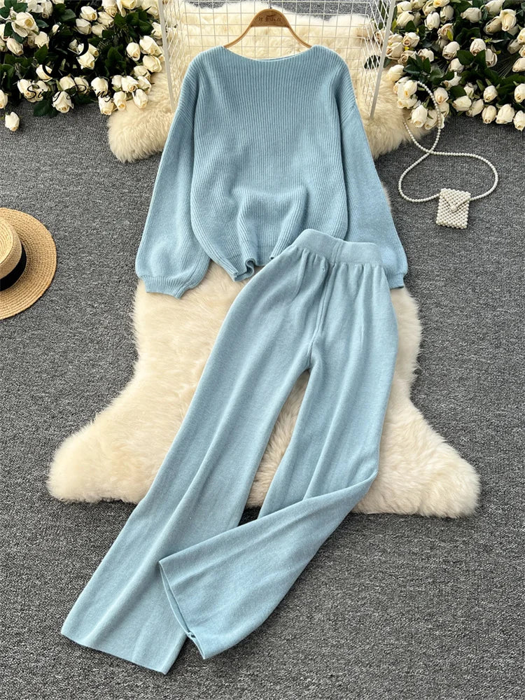 Loose Sweater Tops+High Waist Wide Legs Long Pants