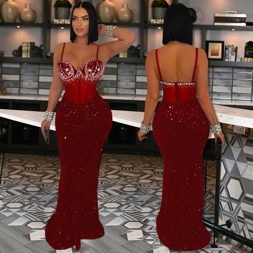 Sexy Mesh Velvet Diamonds Sequin Patchwork Long Dress