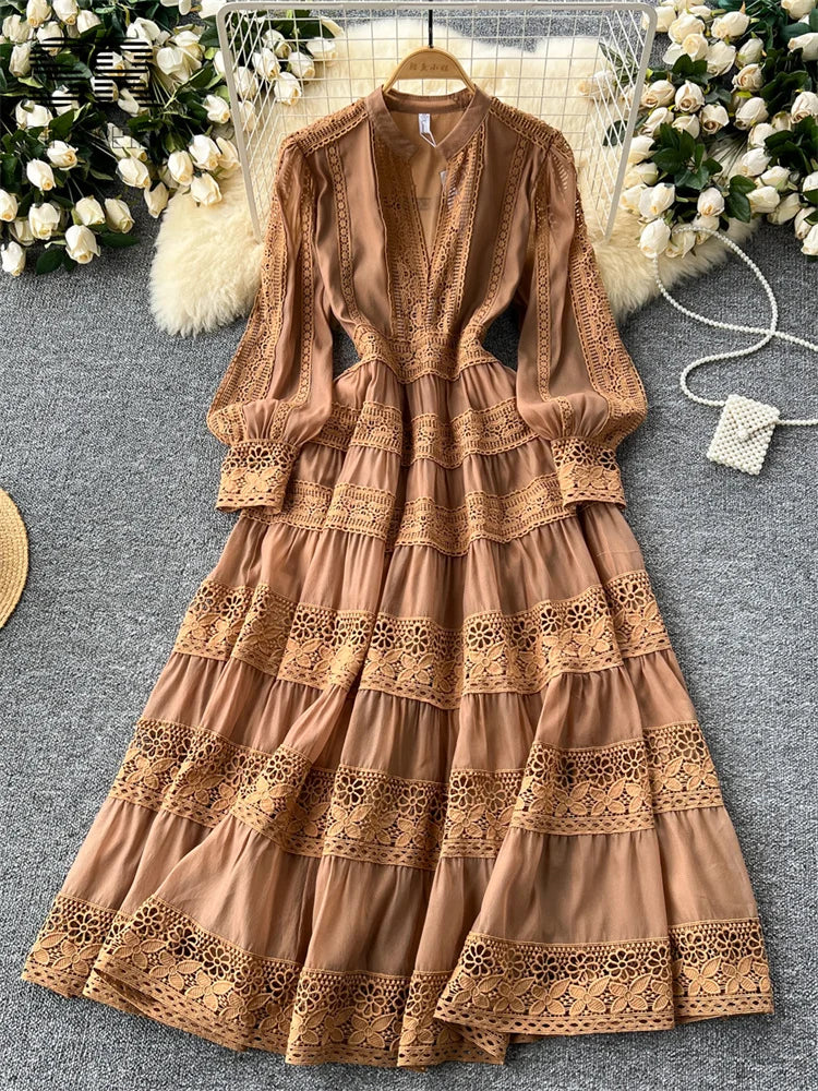 Vintage  Long Sleeves V Neck Zipper Desigh Hollow Out Embroidery Lace Splice Dresses