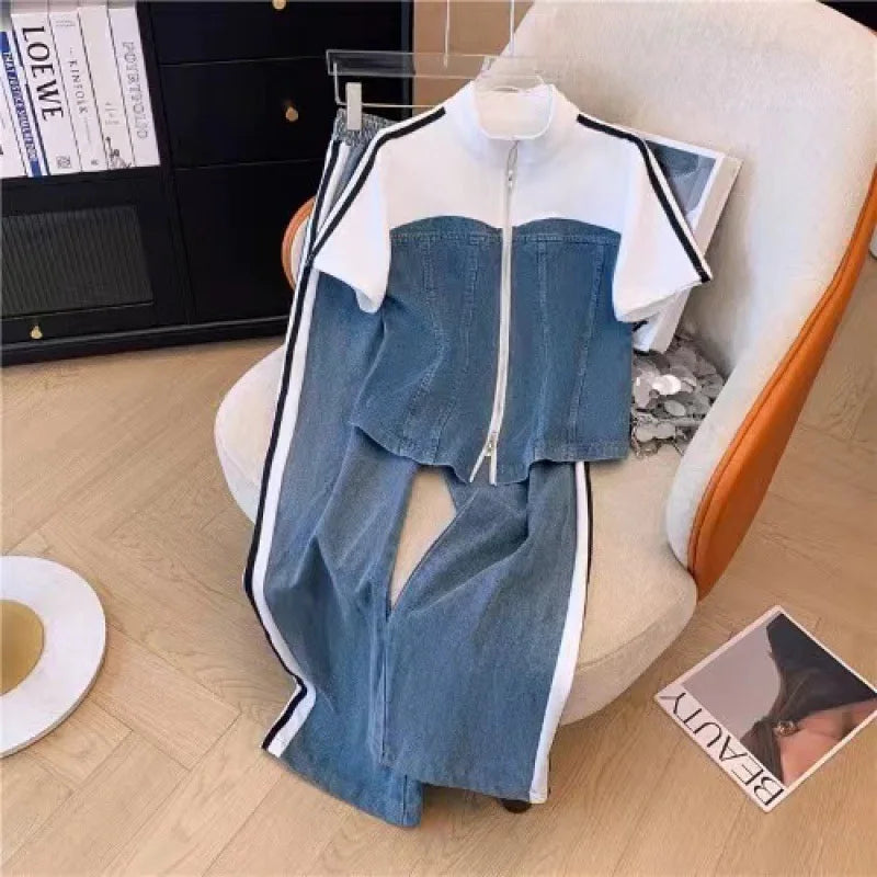 Pant Set Women Two Piece Denim Splice Zipper Matching Set