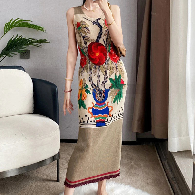 Summer Minimalist Printed Sleeveless Pleated Dress