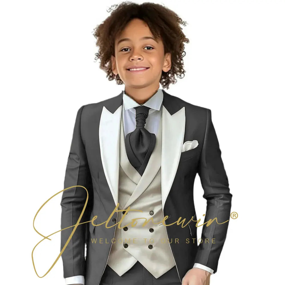 Kids Formal Wedding Suit – Jacket, Pants & Ivory Vest Tuxedo Set