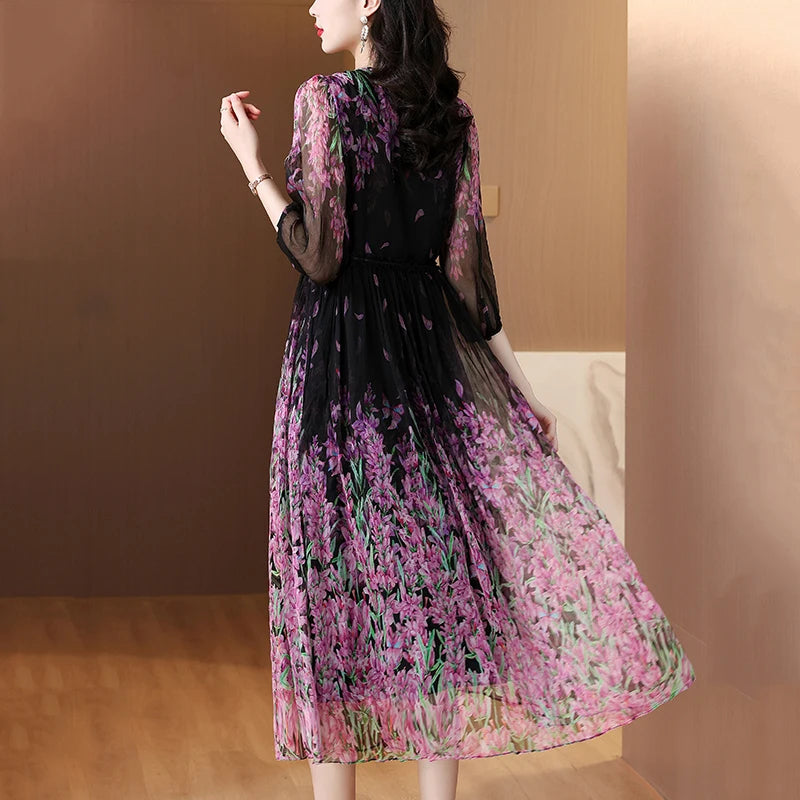 Summer Luxury Silk Floral Casual Maxi Dress