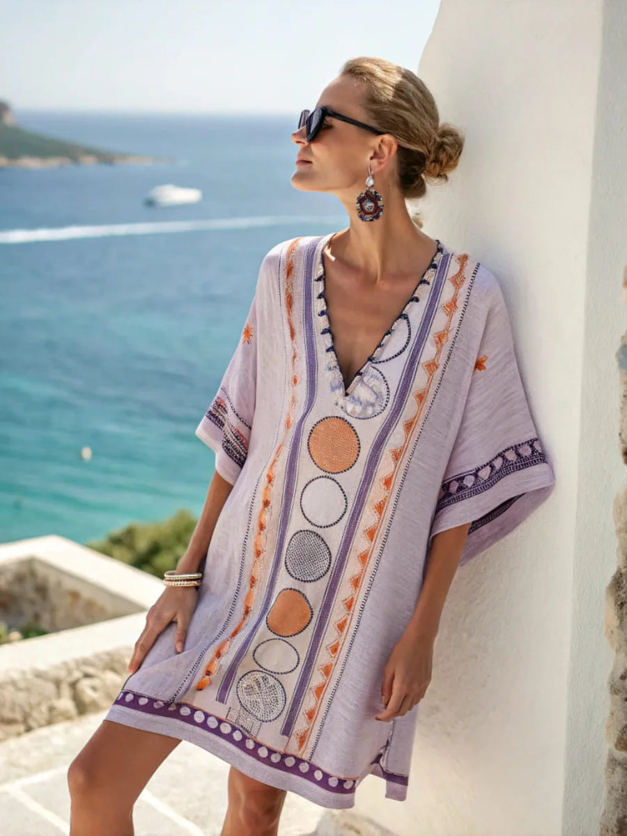 2025 Summer V-Neck Floral Print Loose Beach Dress