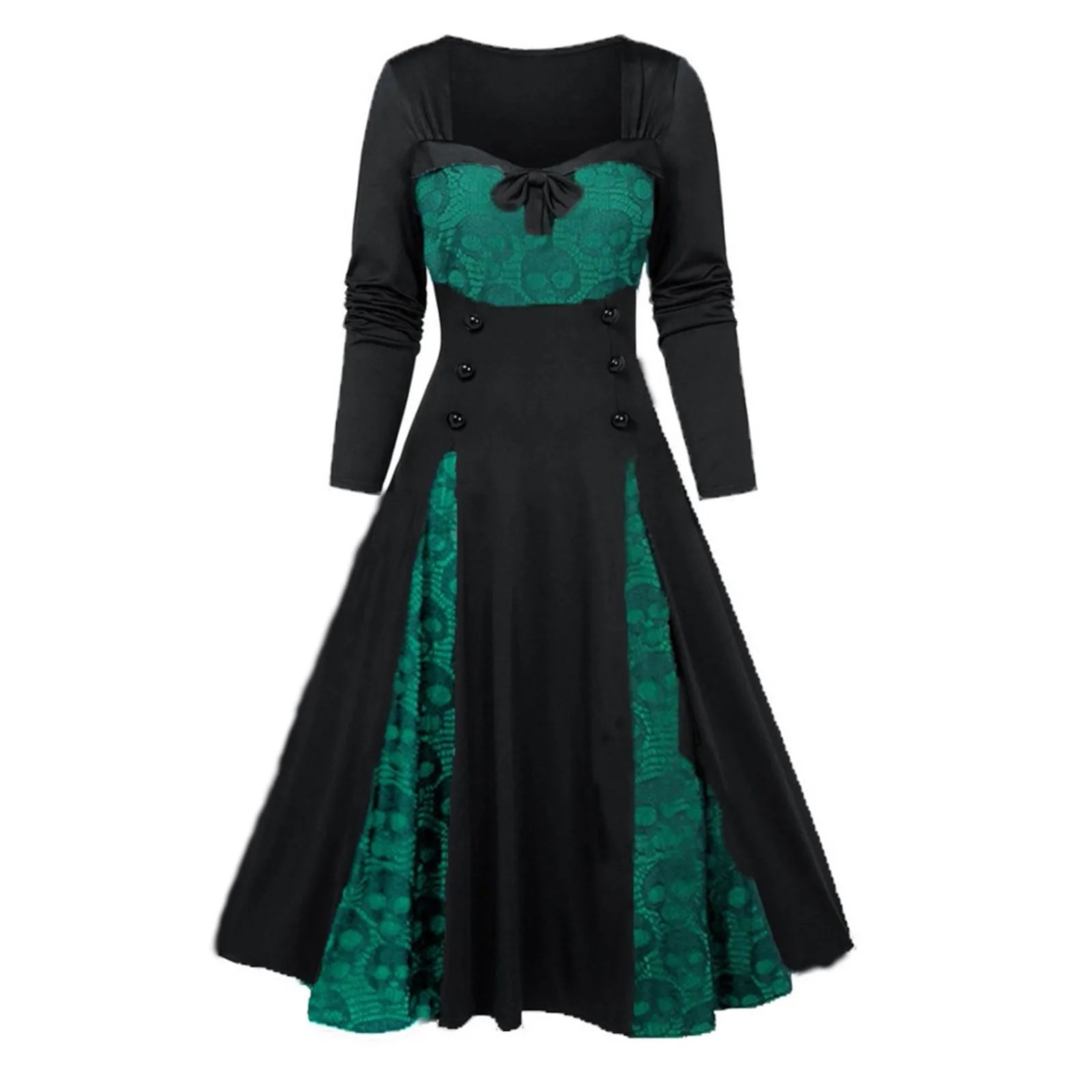 Gothic  Long Sleeve Low Cut Lace Splicing Long Dress