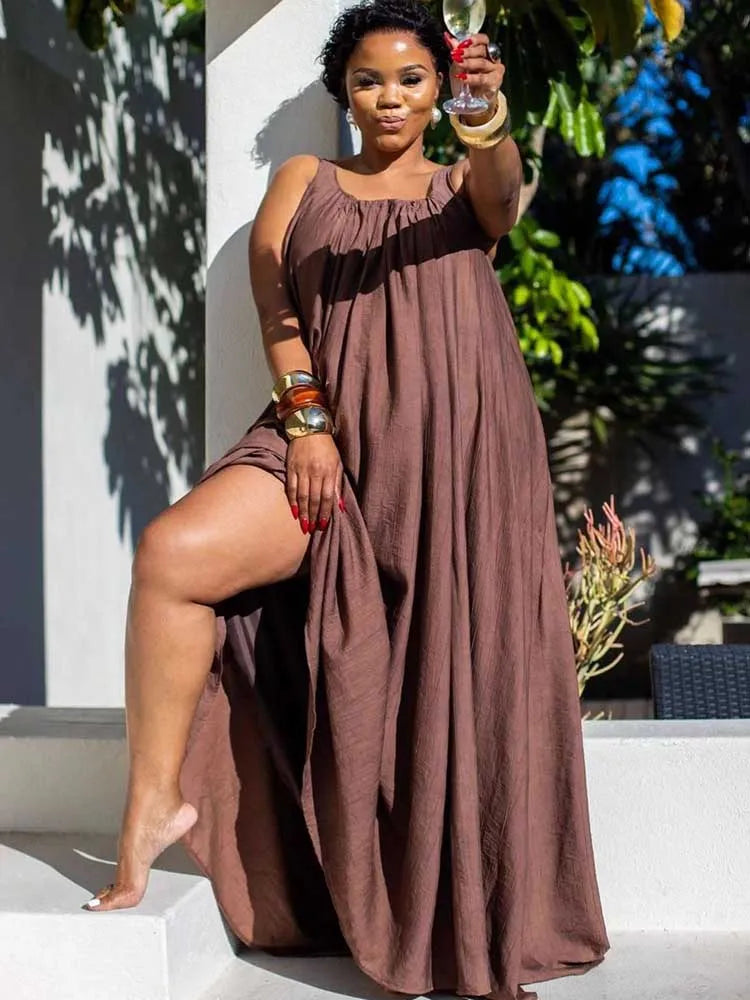 Loose Fit Elegant Brown Square Collar Sleeveless Summer Dress – Shequila's Fashions