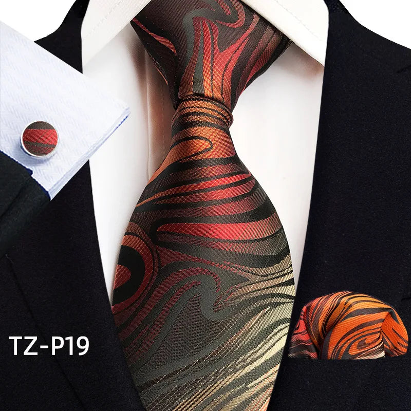 Orange Novelty Ties Plaid Flower Design Wedding Necktie Hanky Cufflinks