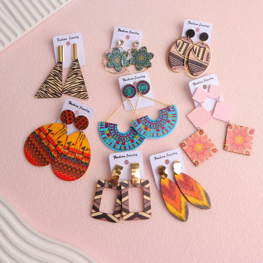 10 Pairs Boho Ethnic Print Wooden Earrings – Colorful Geometric Statement Set