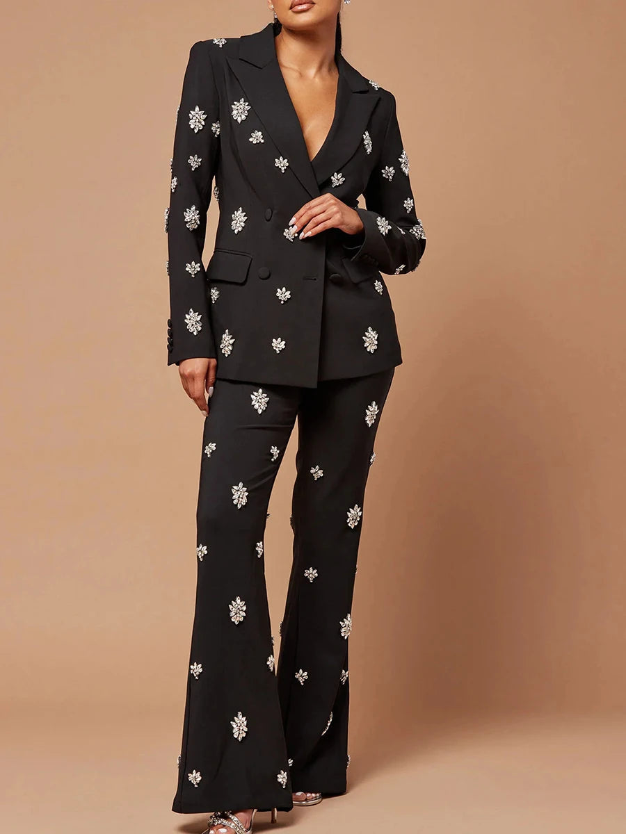 Patchwork Diamonds  Notched Collar Long Sleeve Blazer High Waist Flare Pant Chic Sets