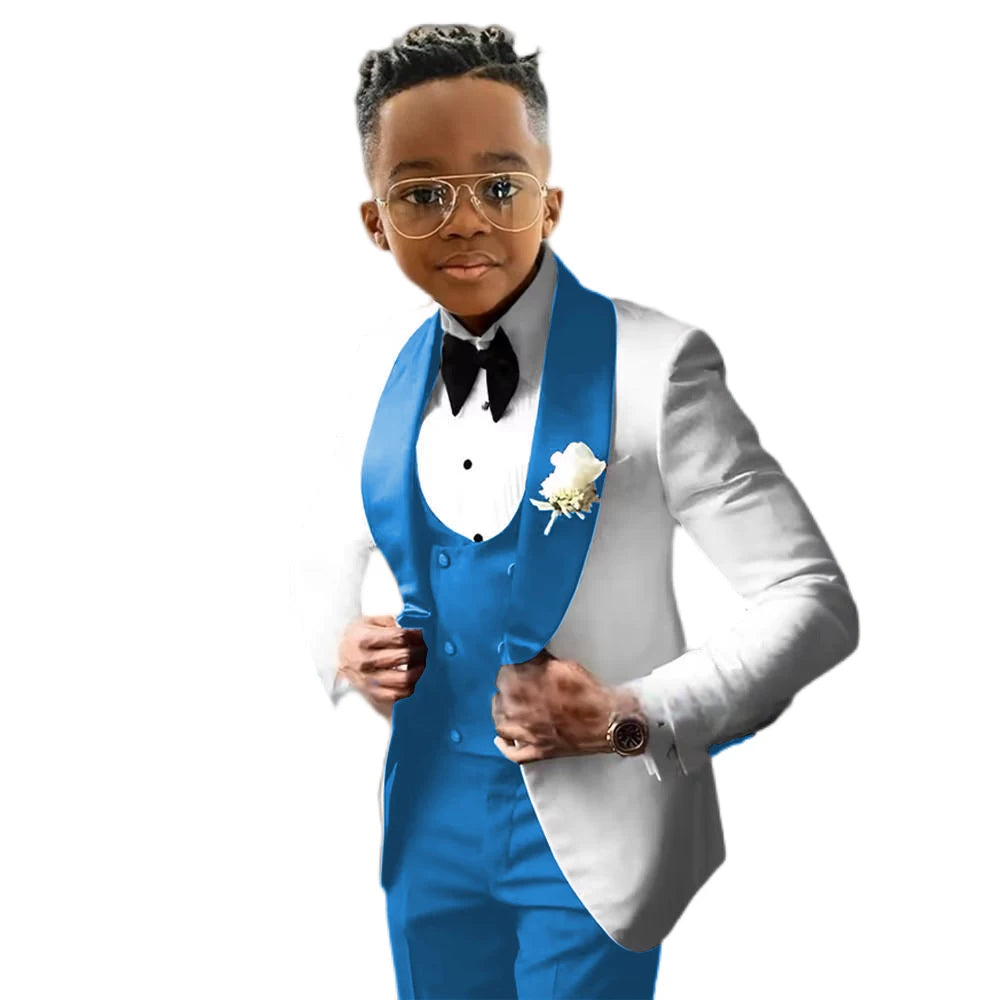 Suit for Boys Wedding Tuxedo – 3 Piece White Jacket, Royal Blue Pants &amp; Vest | Slim Fit Tailored Kids Blazer Set