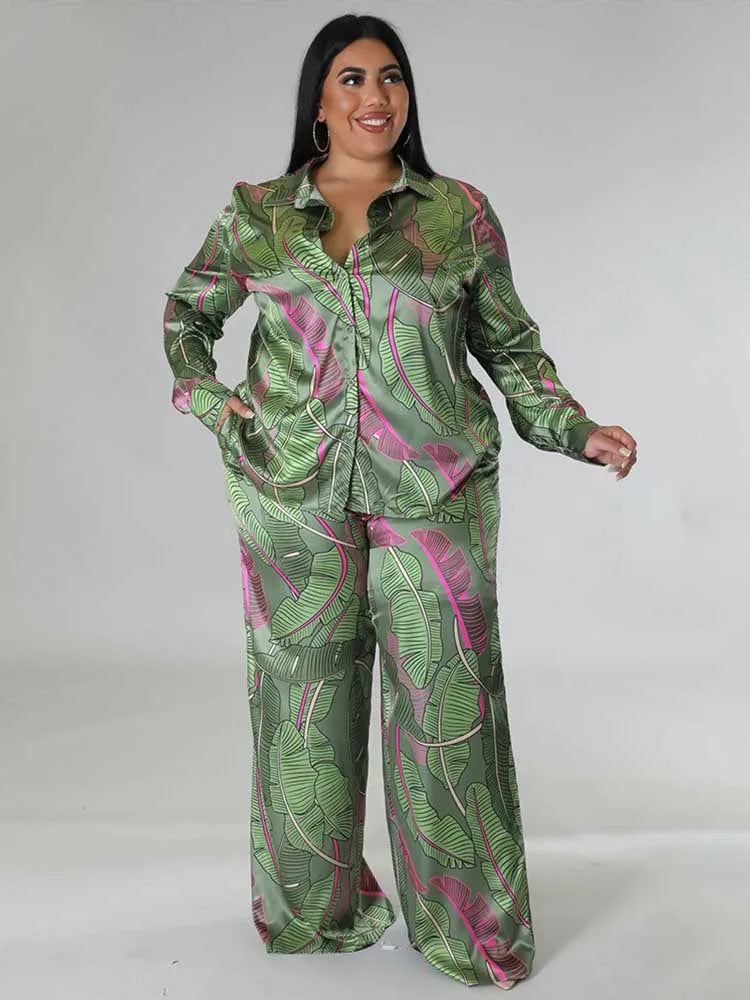 Plus Size Autumn Shirt Blouse and Straight Trouser Print