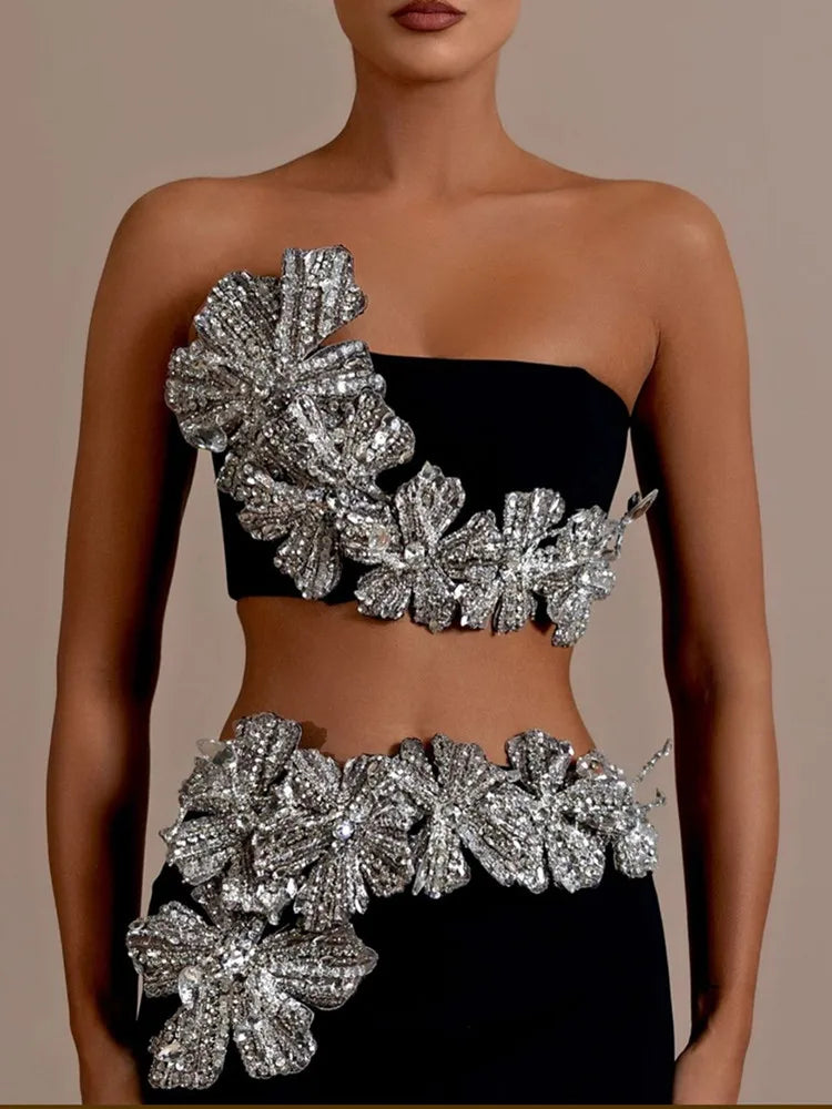 Sexy Strapless Flower Diamonds Crystal Black Maxi Long Bandage Skirt Set