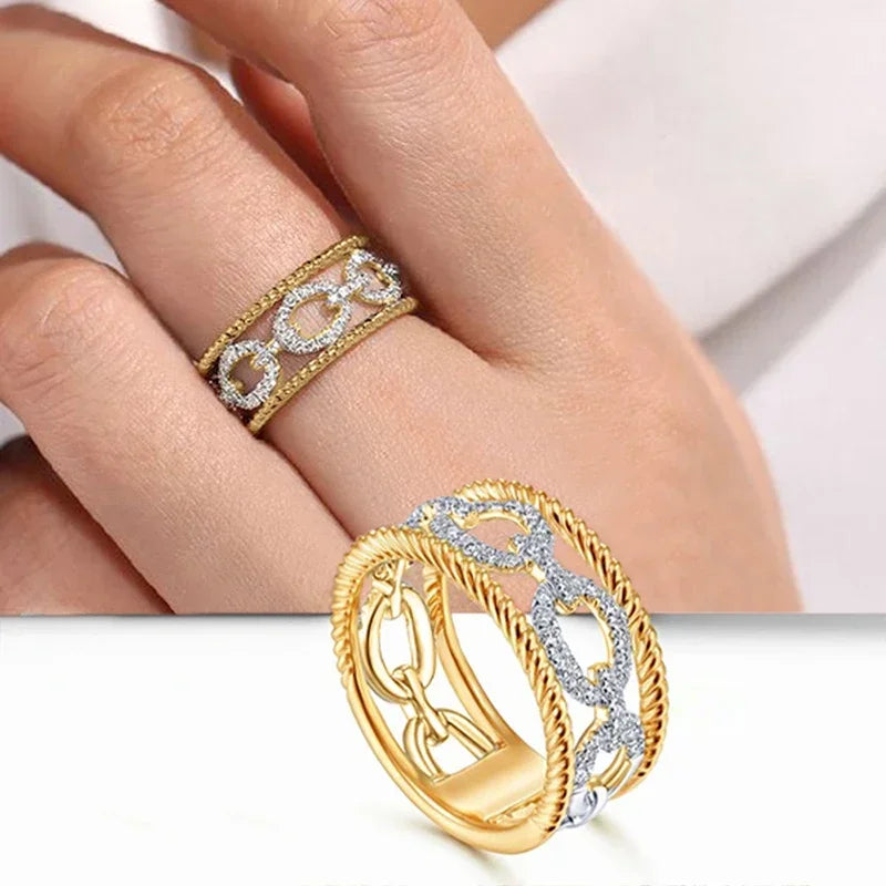 Luxurious Rings with Two-tone Design Gorgeous Hollow-out Finger