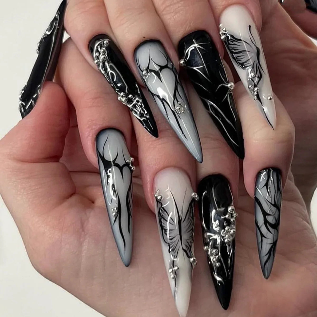 24Pcs Black Fake Nails with Diamond Halloween Long Almond False Nail Butterfly Design Wearable Oval Press on Nails Tips
