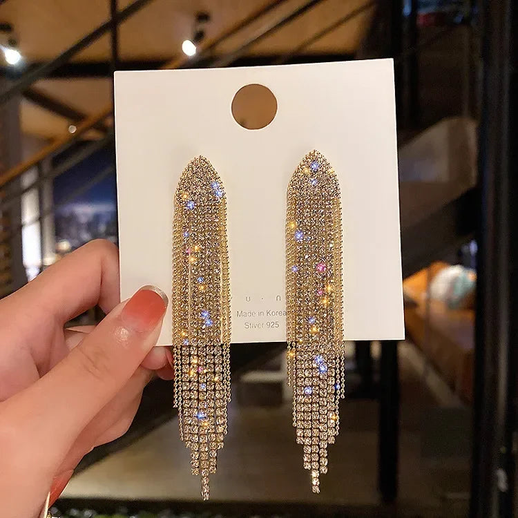 Square Blue Zircon Long Tassel Stud Earrings – Elegant Sparkle for Every Special Moment