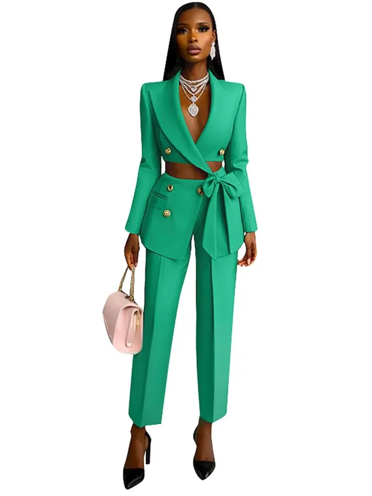 Sexy Waist Cut-Out Blazer &amp; Pants 2‑Piece Set